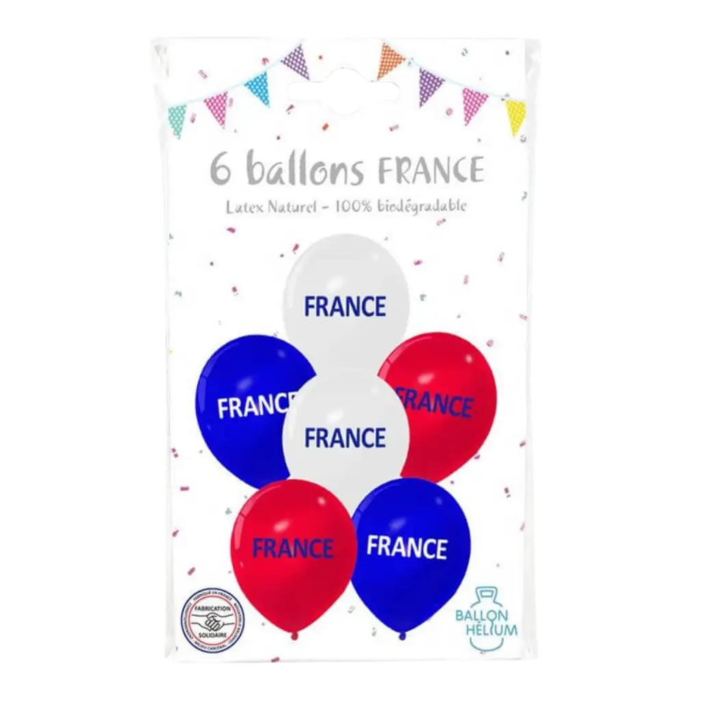 JUEGO DE 6 GLOBOS - AZUL BLANCO ROJO - FRANCIA - 30CM