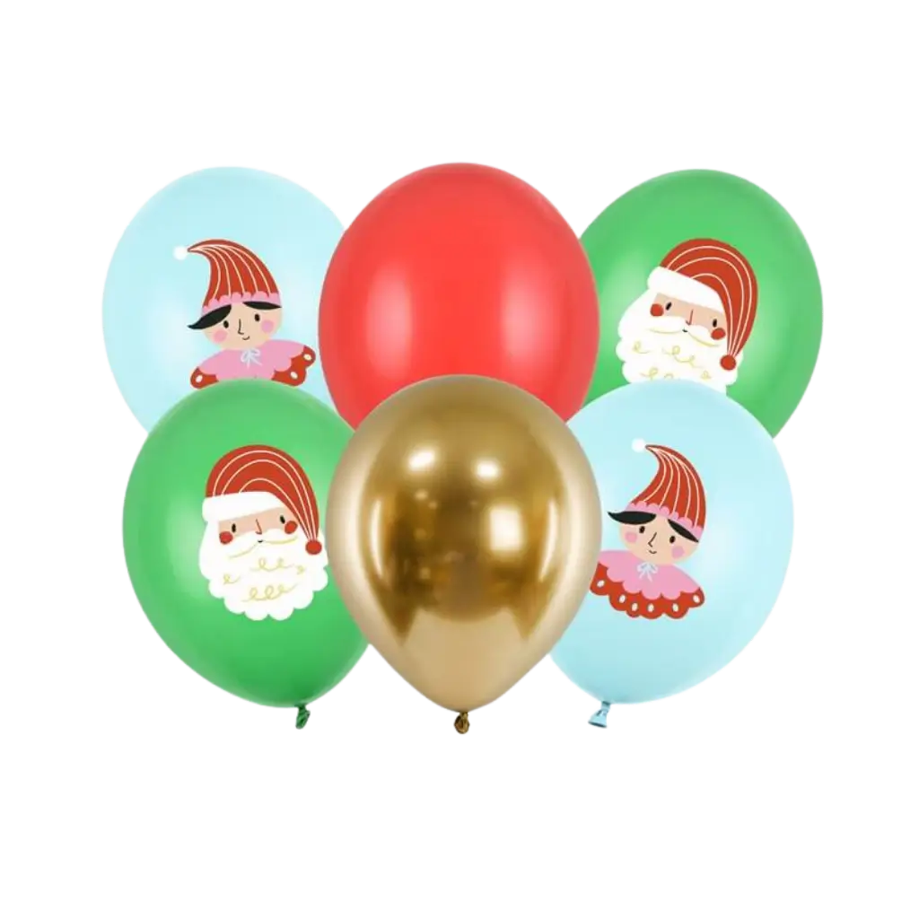 Set de 6 globos navideños estampados - Rojo/Verde/Azul/Dorado - 30cm