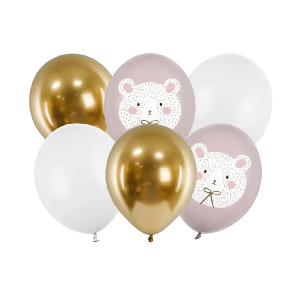 Set de 6 Globos de Navidad Estampados Oso - Rosa/Blanco/Dorado - 30cm