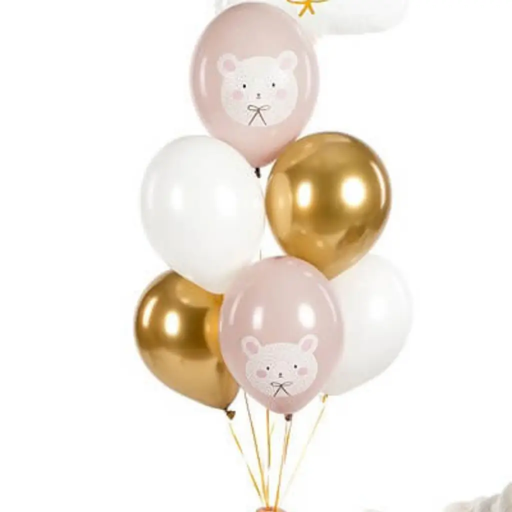 Set de 6 Globos de Navidad Estampados Oso - Rosa/Blanco/Dorado - 30cm