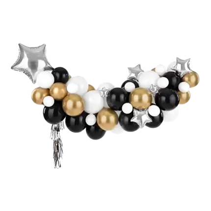 Arco de Globos Dorado y Negro + Estrellas Plateadas - 167x135cm