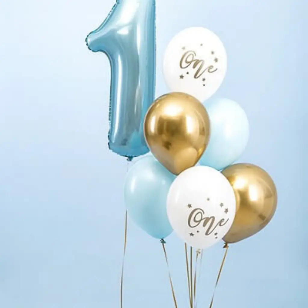 Set de 6 Globos 1er Cumpleaños - Azul/Blanco/Dorado - 30cm