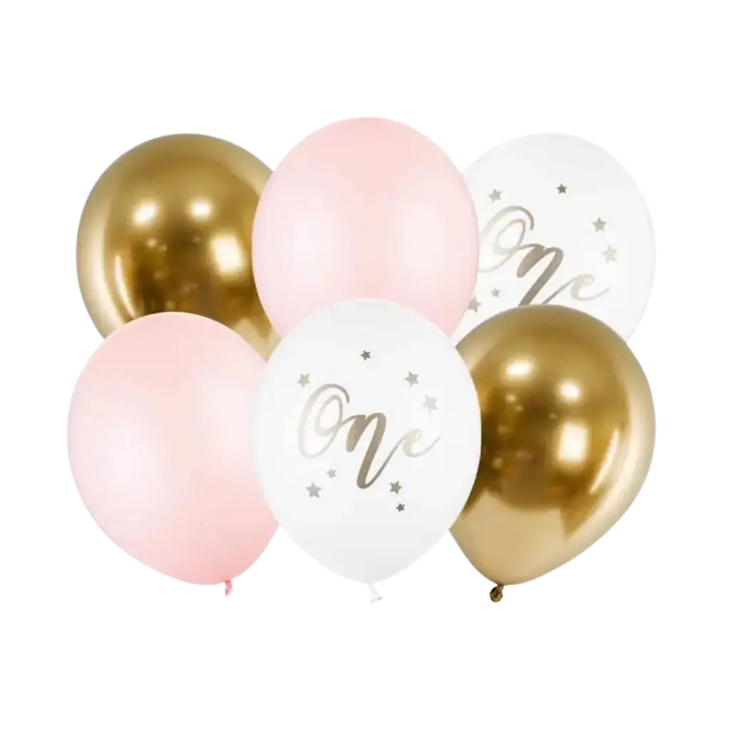 Set de 6 Globos 1er Cumpleaños - Rosa/Blanco/Dorado - 30cm