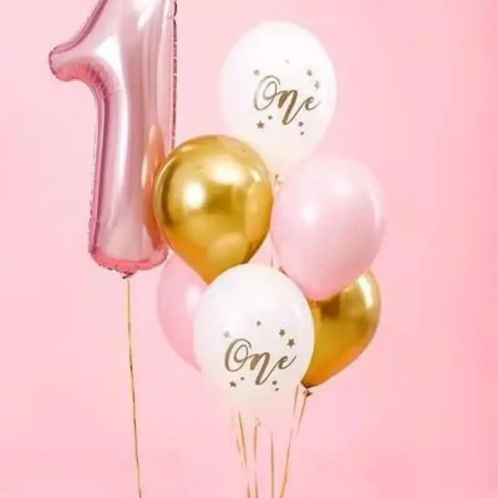 Set de 6 Globos 1er Cumpleaños - Rosa/Blanco/Dorado - 30cm