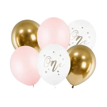 Set de 6 Globos 1er Cumpleaños - Rosa/Blanco/Dorado - 30cm