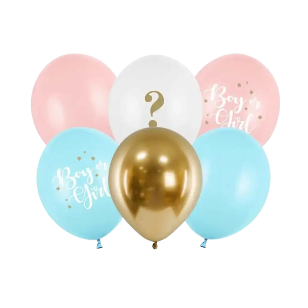 Set de 6 Globos "Niña o Niño" Azul/Rosa/Dorado - 30cm