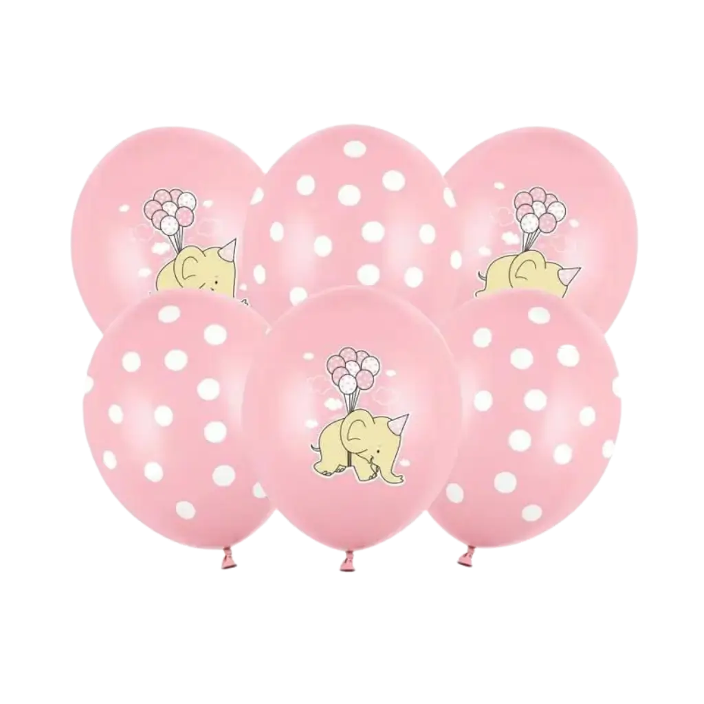 Set de 6 Globos Rosa Pastel - Lunares Blancos/Elefante - 30cm