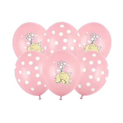 Set de 6 Globos Rosa Pastel - Lunares Blancos/Elefante - 30cm