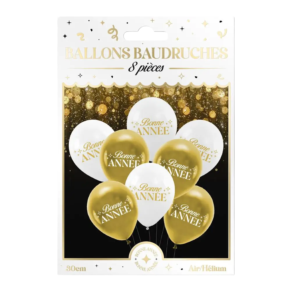 Globos «Feliz Año Nuevo» Blanco / Oro 30 cm – Pack de 8