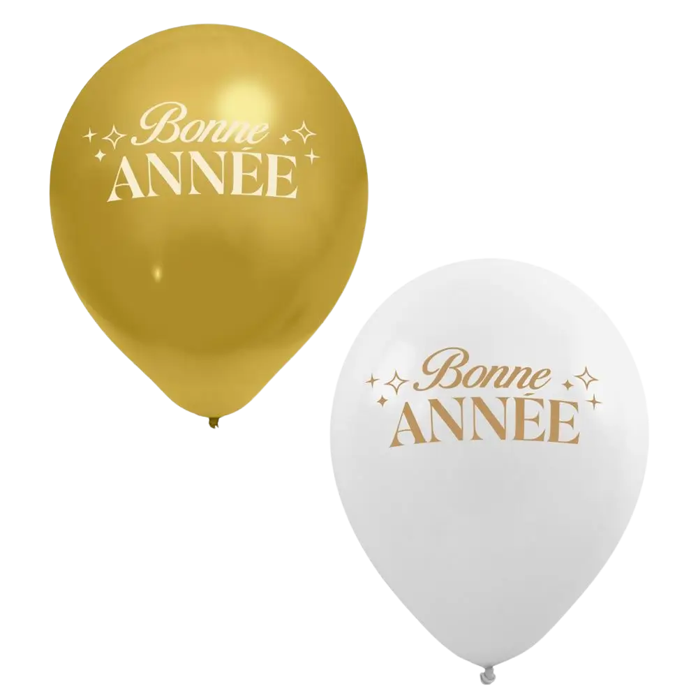 Globos «Feliz Año Nuevo» Blanco / Oro 30 cm – Pack de 8