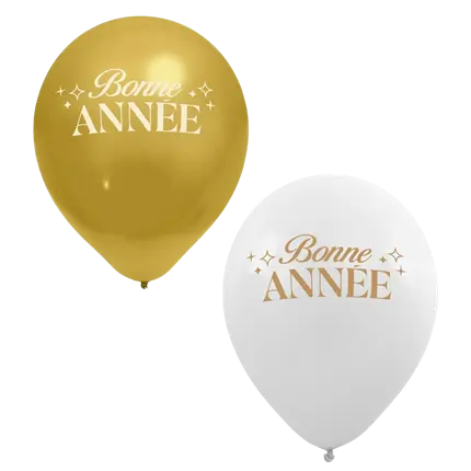 Globos «Feliz Año Nuevo» Blanco / Oro 30 cm – Pack de 8