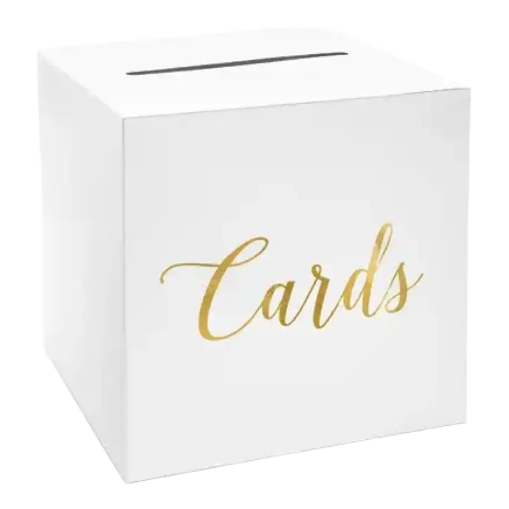 Urna de papel blanco con inscripción "Cards" dorada
