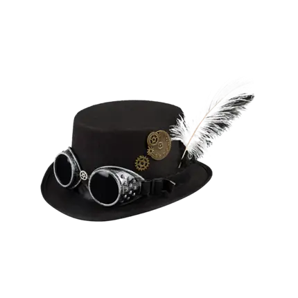 Sombrero de copa steampunk con gafas y plumas de avestruz