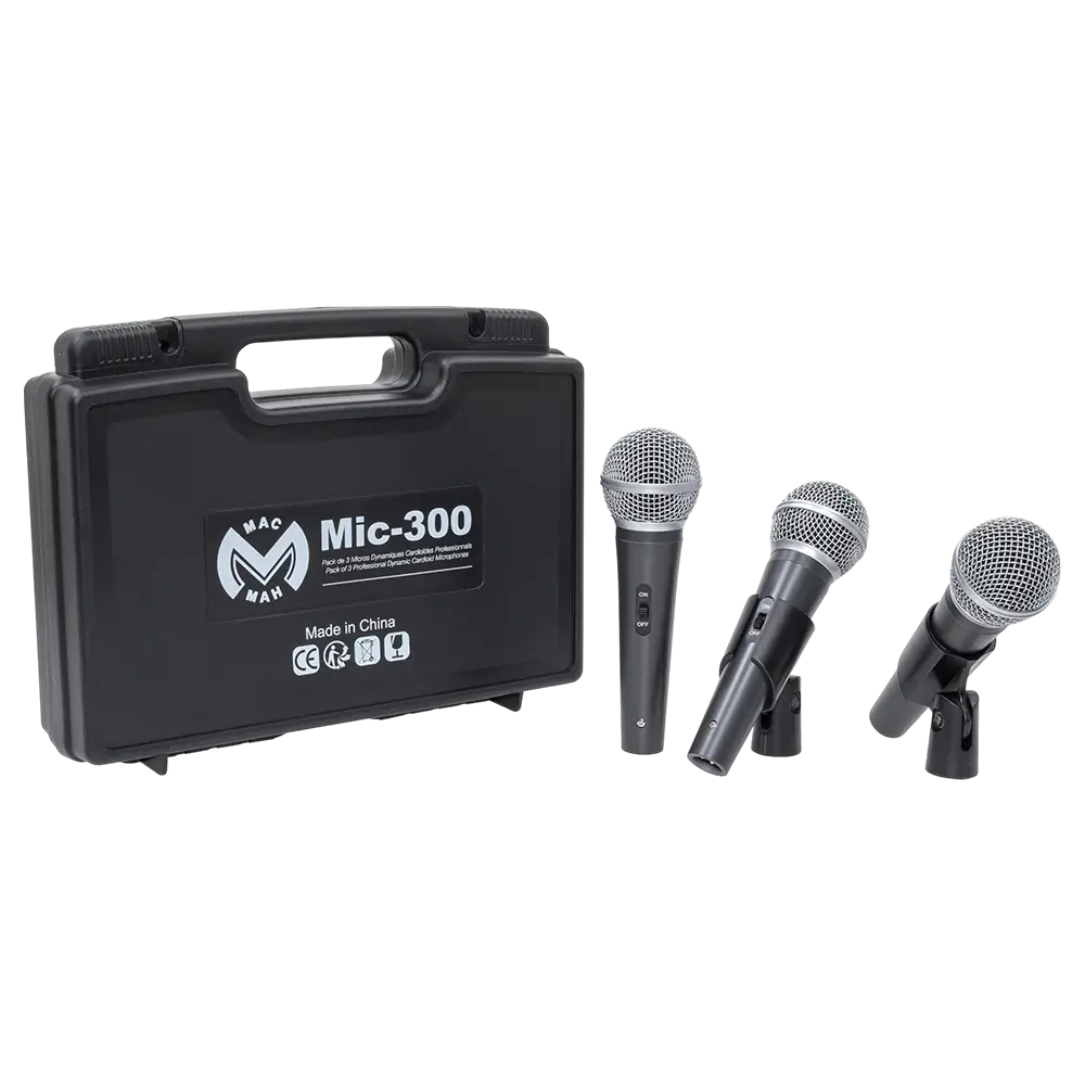 Micrófono dinámico "MIC 300" Mac Mah – Pack de 3 micrófonos con cable con maletín, pinzas, supercardioide, XLR