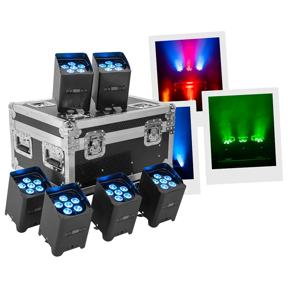 Proyectores LED "IZY Glow Set" Mac Mah – 6×15W RGBWA-UV, DMX inalámbrico, recargables