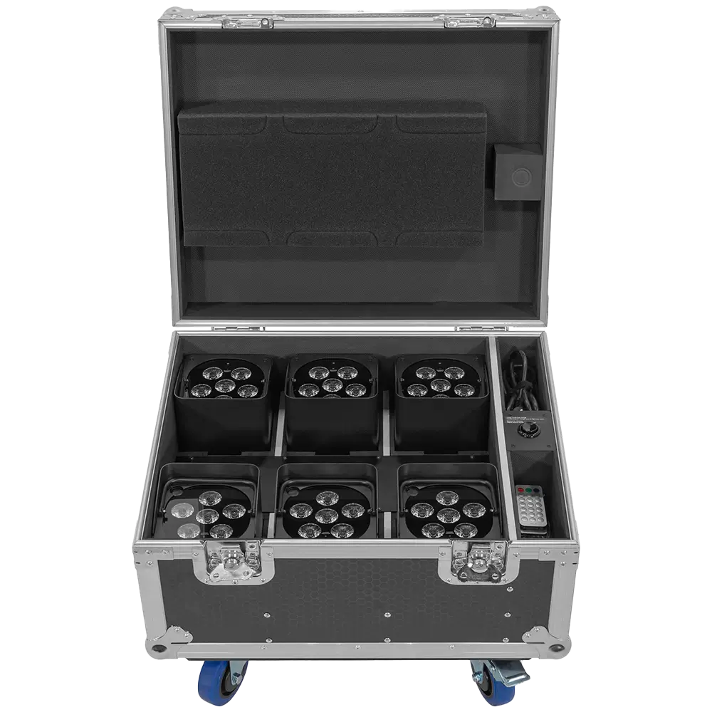 Proyectores LED "IZY Glow Set" Mac Mah – 6×15W RGBWA-UV, DMX inalámbrico, recargables