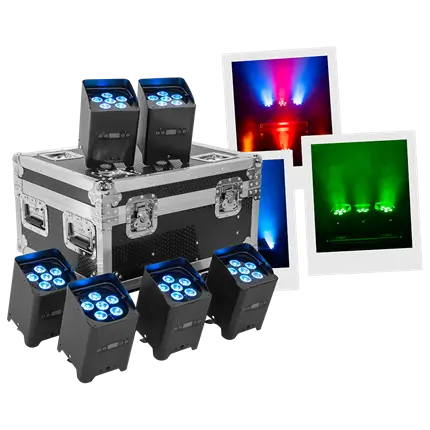 Proyectores LED IZY Glow Set Mac Mah – 6×15W RGBWA-UV, DMX inalámbrico, recargables