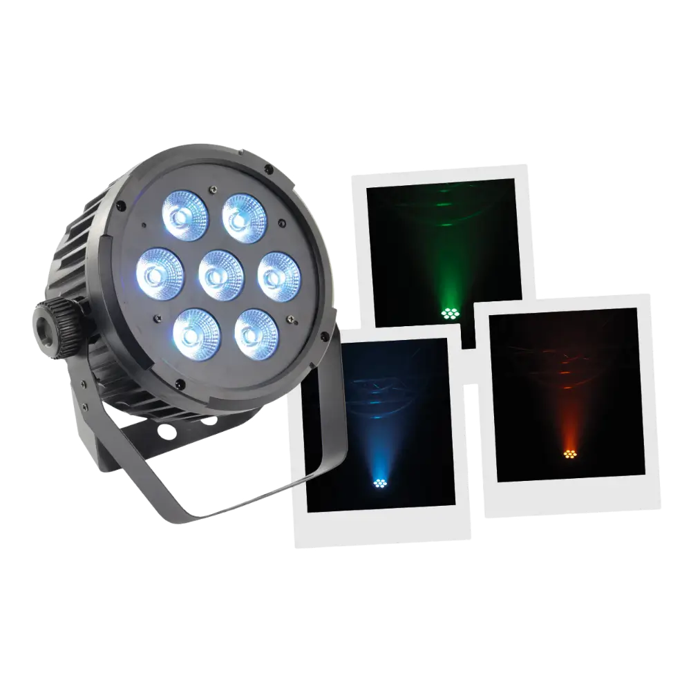 Proyector PAR LED 7x10W 5en1 - 7 LED RGBWA, DMX, modos automático y musical y mando a distancia