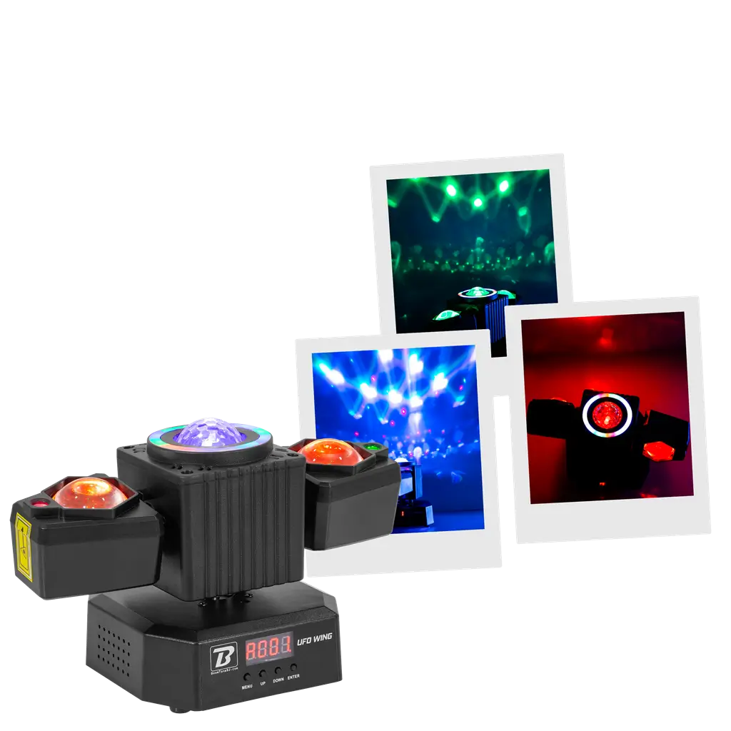 Foco multifunción de 50 W - UFO Wing BoomTone DJ - LED + LÁSER + estroboscópico + haces, controlable por DMX