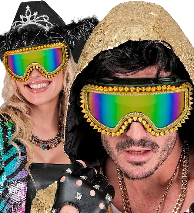 "FIESTA APRÈS-SKI GAFAS DE FIESTA DE INVIERNO CON TACHUELAS DORADAS Y STRASS".