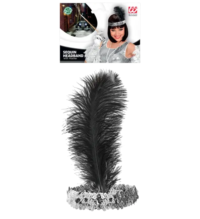 " DIADEMA DE PURPURINA PLATEADA CON PLUMAS