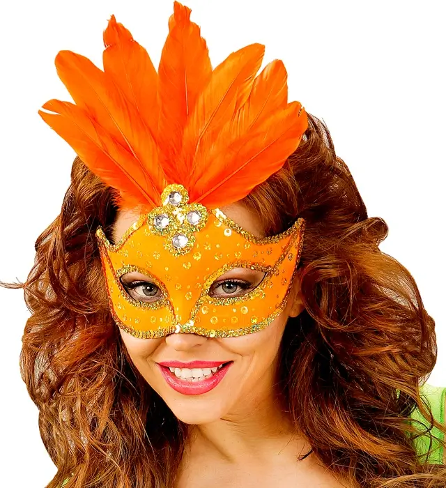Máscara Lobo Carnaval Brasil Neón Naranja con Lentejuelas Doradas y Plumas – Accesorio Disfraz