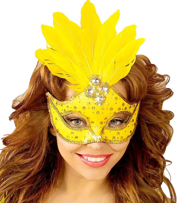 Máscara Lobo Carnaval Brasil Neón Amarillo con Lentejuelas Doradas y Plumas – Accesorio Disfraz