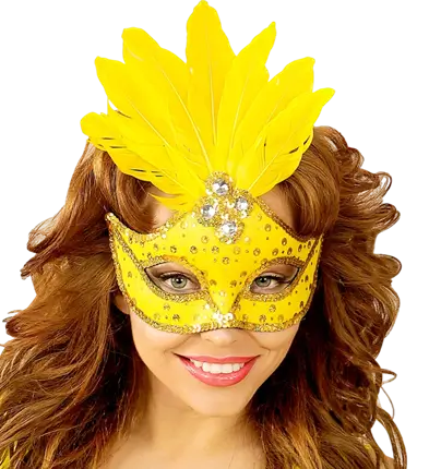 Máscara Lobo Carnaval Brasil Neón Amarillo con Lentejuelas Doradas y Plumas – Accesorio Disfraz