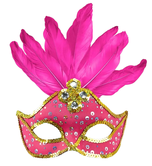 Máscara Lobo Carnaval Brasil Neón Rosa con Lentejuelas Doradas y Plumas – Accesorio Disfraz