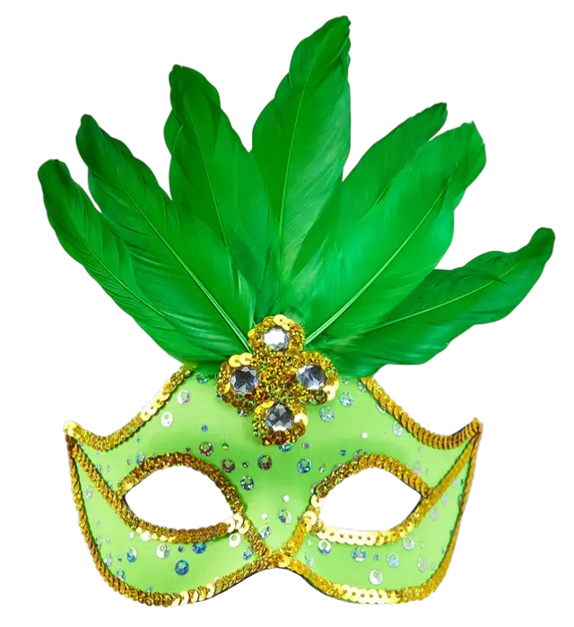 Máscara Lobo Carnaval Brasil Neón Verde con Lentejuelas Doradas y Plumas – Accesorio Disfraz