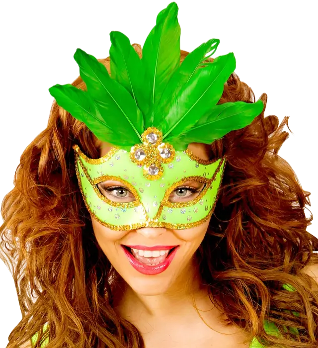 Máscara Lobo Carnaval Brasil Neón Verde con Lentejuelas Doradas y Plumas – Accesorio Disfraz