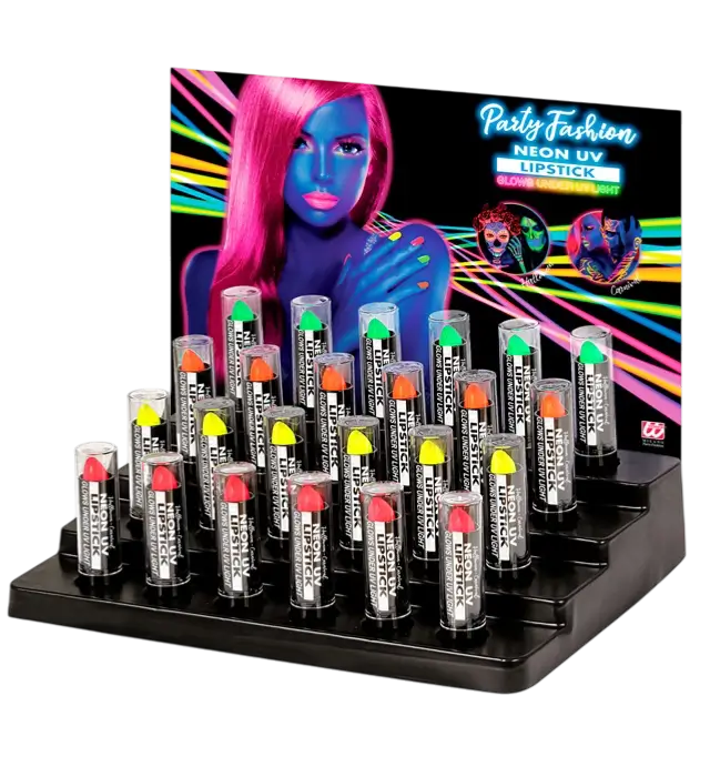 Caja Display de 24 Pintalabios Flúor 6 ml – Rosa, Amarillo, Verde, Naranja Neón – Maquillaje para Disfraz
