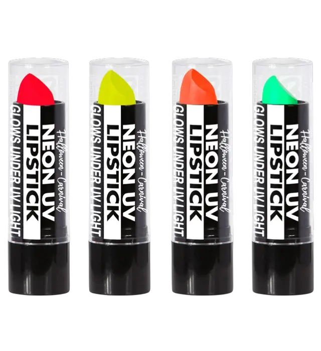 Caja Display de 24 Pintalabios Flúor 6 ml – Rosa, Amarillo, Verde, Naranja Neón – Maquillaje para Disfraz