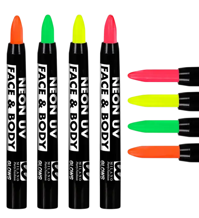 Caja Display de 24 Lápices de Maquillaje Flúor 3,5 ml – Rosa, Amarillo, Verde, Naranja Neón – Maquillaje para Disfraz