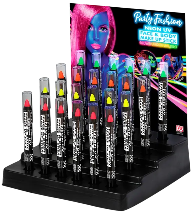 Caja Display de 24 Lápices de Maquillaje Flúor 3,5 ml – Rosa, Amarillo, Verde, Naranja Neón – Maquillaje para Disfraz