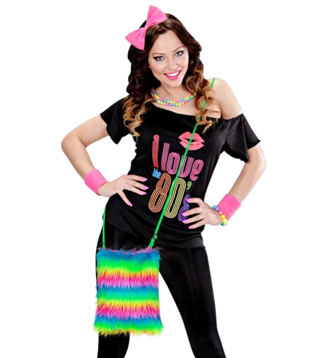 Bolso de Pelo Sintético Arcoíris Flúor – Accesorio Disfraz Pop Disco