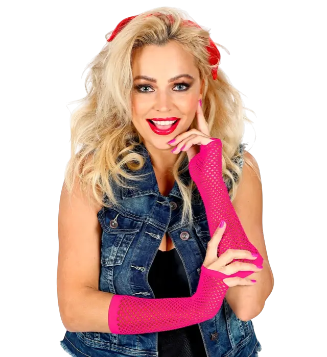 Guantes de Rejilla Rosa Neón 33 cm – Accesorio Disfraz Años 80
