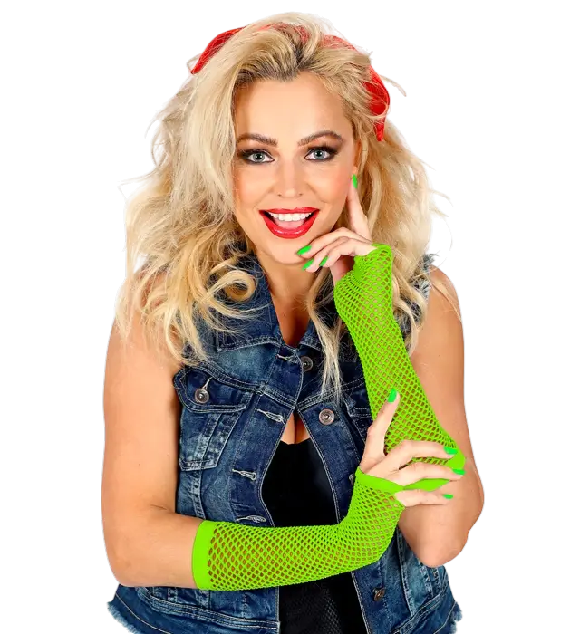 Guantes de Rejilla Verde Neón Sin Dedos 33 cm – Accesorio Disfraz Años 80