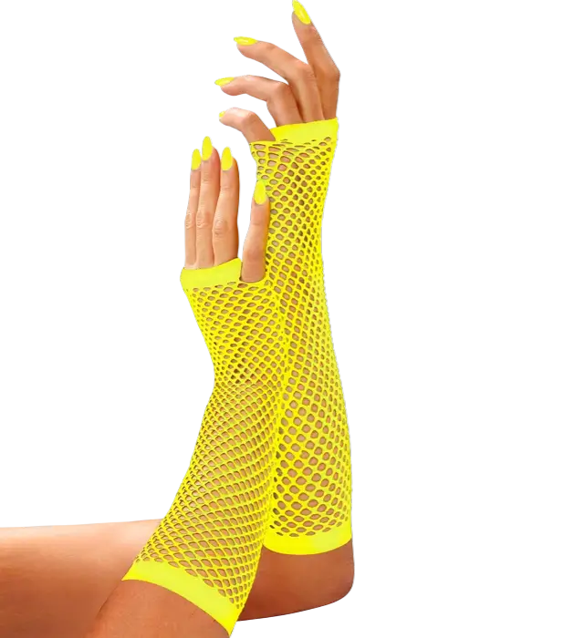 Guantes de Rejilla Amarillo Neón Sin Dedos 33 cm – Accesorio Disfraz Años 80