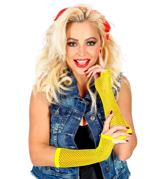 Guantes de Rejilla Amarillo Neón Sin Dedos 33 cm – Accesorio Disfraz Años 80