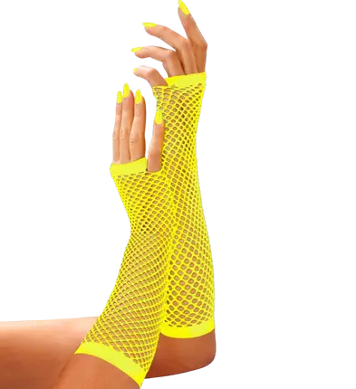 Guantes de Rejilla Amarillo Neón Sin Dedos 33 cm – Accesorio Disfraz Años 80