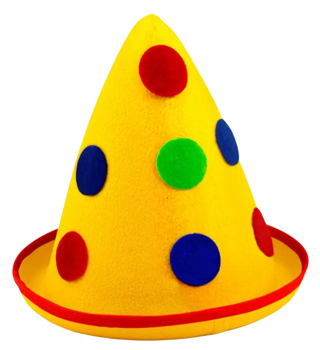 Sombrero Puntiagudo Amarillo con Lunares de Fieltro – Sombrero de Payaso o Disfraz Fiesta