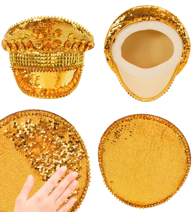 Sombrero Festival con Tachuelas, Joyas y Lentejuelas Doradas – Accesorio Disfraz