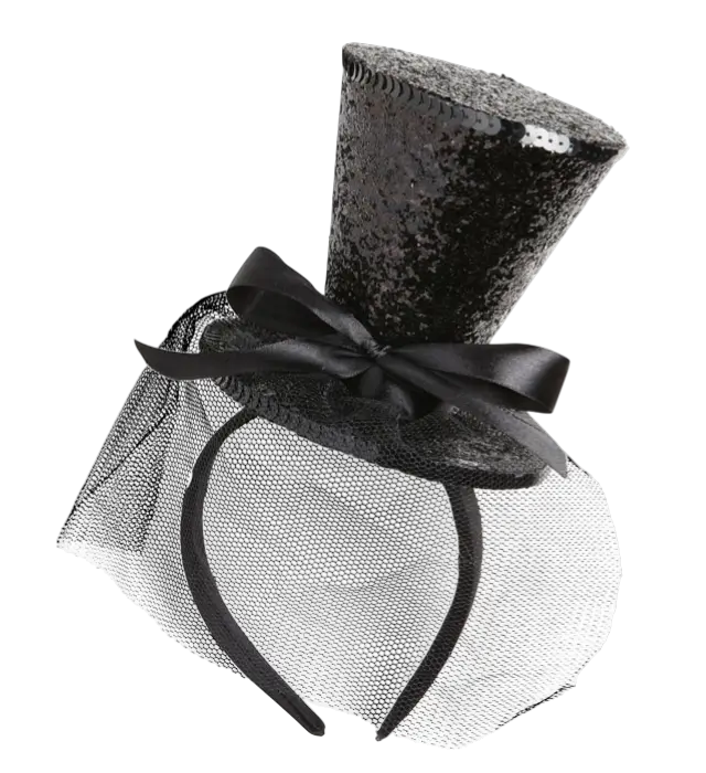 Mini Sombrero Negro con Lentejuelas en Diadema con Lazo y Velo – Accesorio Disfraz Cabaret