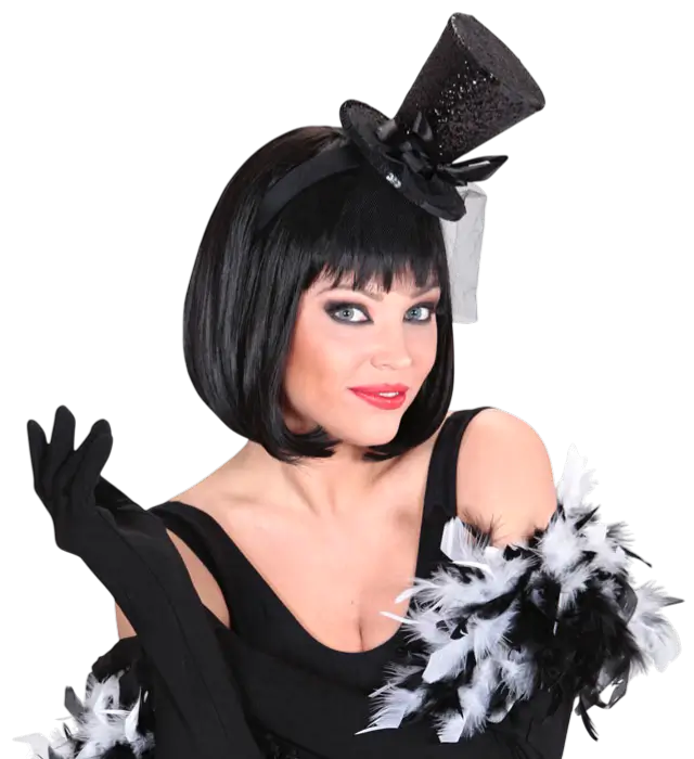 Mini Sombrero Negro con Lentejuelas en Diadema con Lazo y Velo – Accesorio Disfraz Cabaret