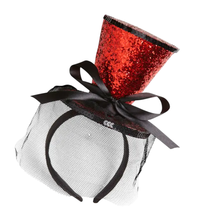 Mini Sombrero Rojo con Lentejuelas en Diadema con Lazo y Velo – Accesorio Disfraz Cabaret