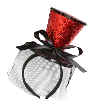 Mini Sombrero Rojo con Lentejuelas en Diadema con Lazo y Velo – Accesorio Disfraz Cabaret