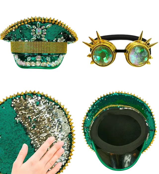 Gorra Festival Verde con Puntas, Joyas y Gafas Kaleidoscópicas con Lentejuelas – Accesorio Disfraz