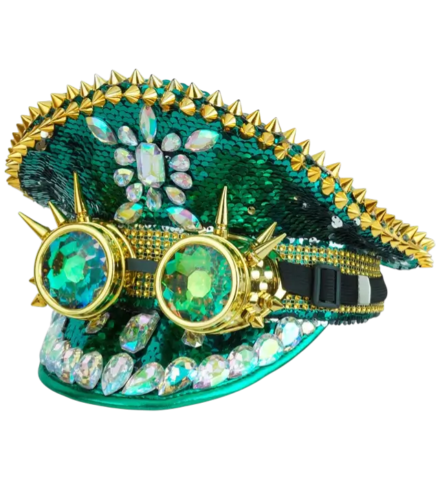 Gorra Festival Verde con Puntas, Joyas y Gafas Kaleidoscópicas con Lentejuelas – Accesorio Disfraz