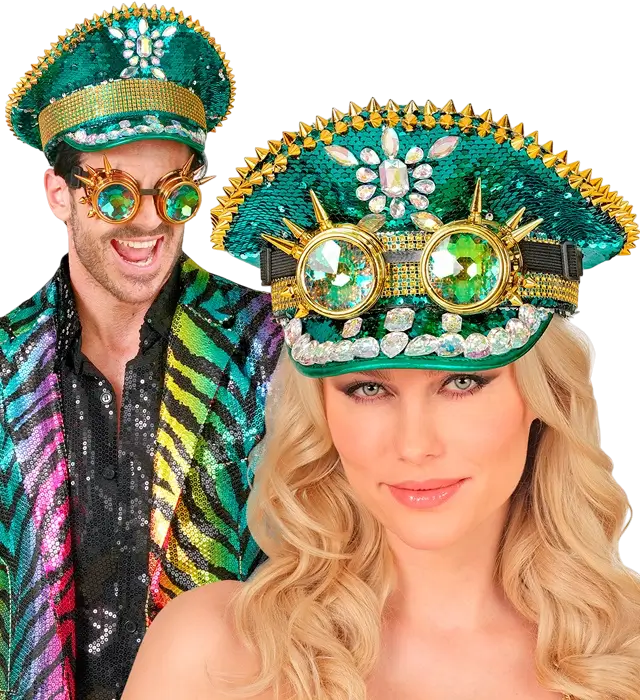Gorra Festival Verde con Puntas, Joyas y Gafas Kaleidoscópicas con Lentejuelas – Accesorio Disfraz
